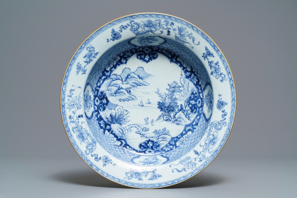 A Chinese blue and white 'river landscape' basin, Qianlong