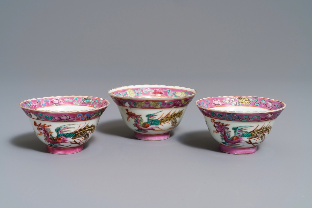 Three Chinese famille rose Peranakan or Straits market bowls, 19th C.
