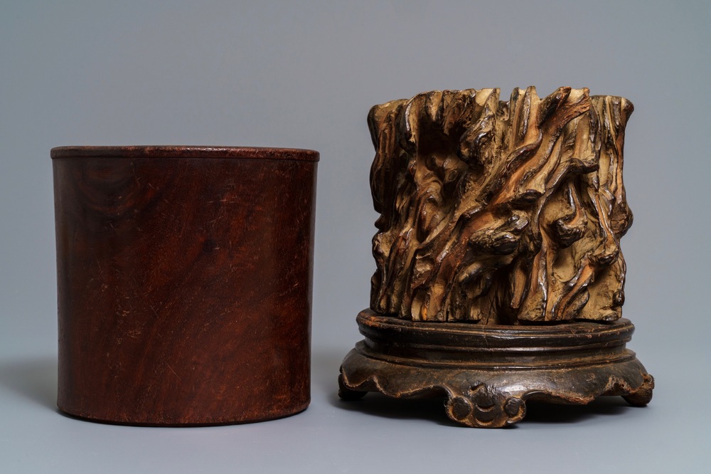 Two Chinese wooden brush pots, 19/20th C.