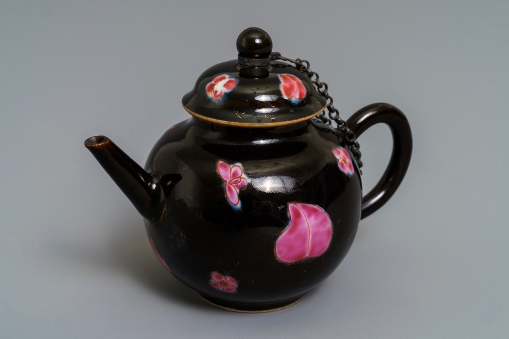 A small Chinese famille rose black-ground teapot and cover, Yongzheng/Qianlong