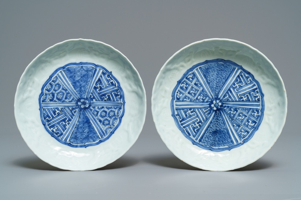A pair of Chinese blue and white moulded plates, Wanli