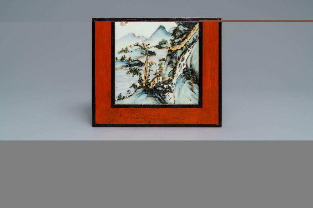 A Chinese qianjiang cai mountain landscape plaque, 20th C.