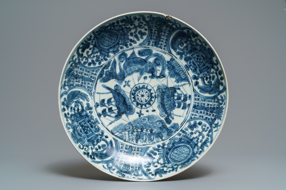 A Chinese blue and white 'maritime subject' Swatow dish, Wanli