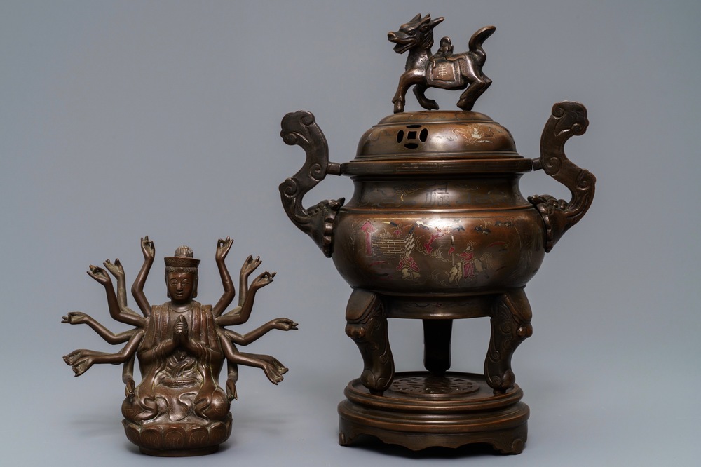 Un br&ucirc;le-parfum et une figure d'Avalokitesvara en bronze incrust&eacute; d'argent, Chine ou Vietnam, 19/20&egrave;me