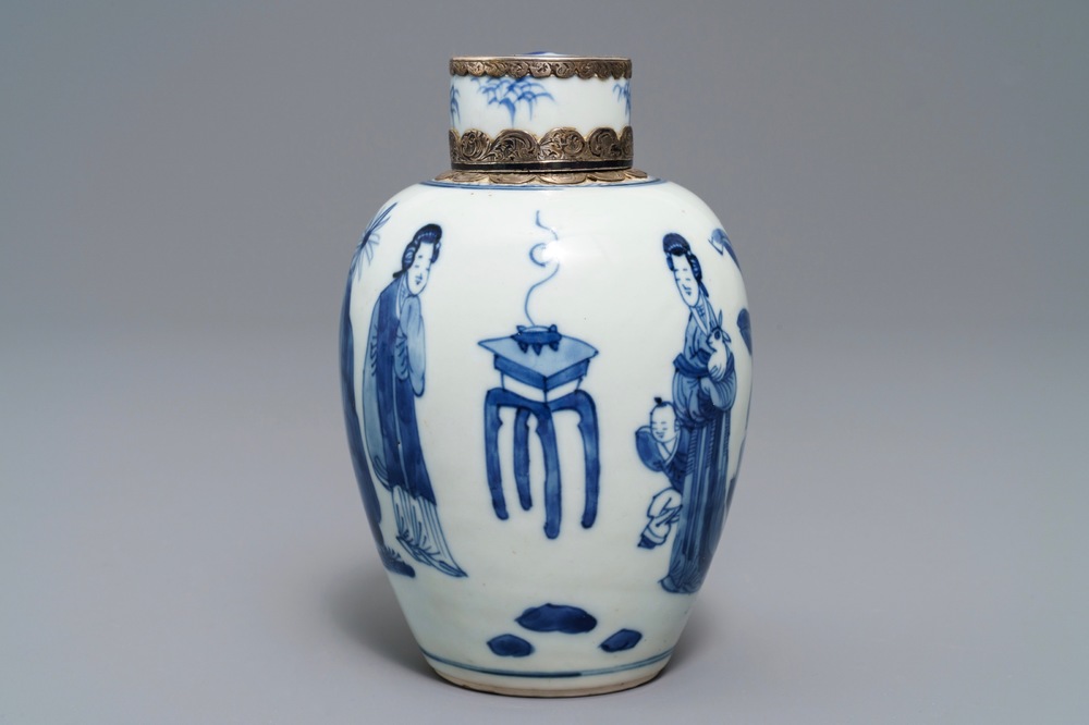 A Chinese silver-mounted blue and white tea caddy and cover, Kangxi