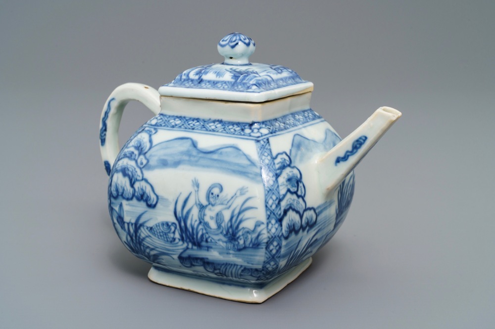 A Chinese blue and white square teapot with nymphs and fish, Kangxi/Qianlong