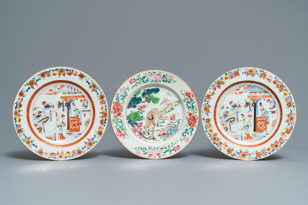 Three Chinese famille rose plates, Yongzheng/Qianlong