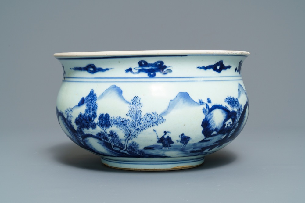A Chinese blue and white censer with figures in a landscape, Kangxi