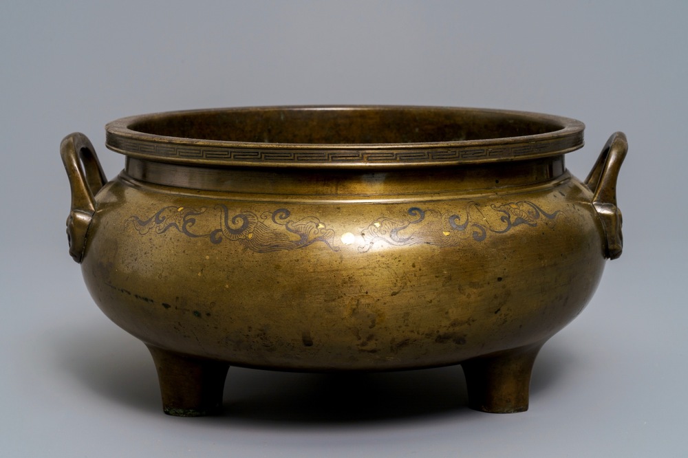 A large silver and brass-inlaid bronze incense burner, China or Vietnam, 19th C.