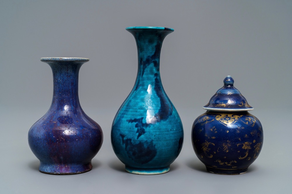 Three Chinese monochrome and flamb&eacute;-glazed vases, Kangxi and 19th C.