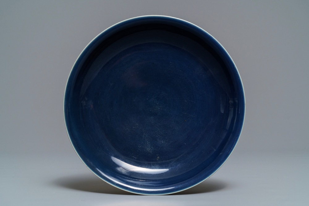 A Chinese monochrome sacrificial blue anhua 'dragon' dish, Wanli mark, 18/19th C.