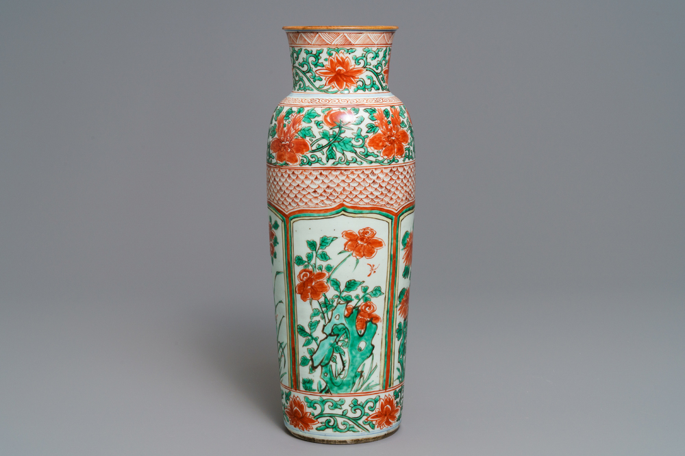 A tall Chinese wucai rouleau vase, Transitional period or Kangxi