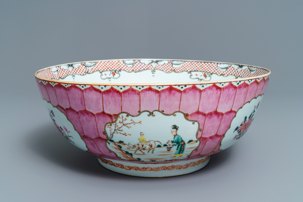 A large Chinese famille rose 'lotus' bowl with mandarin design, Qianlong