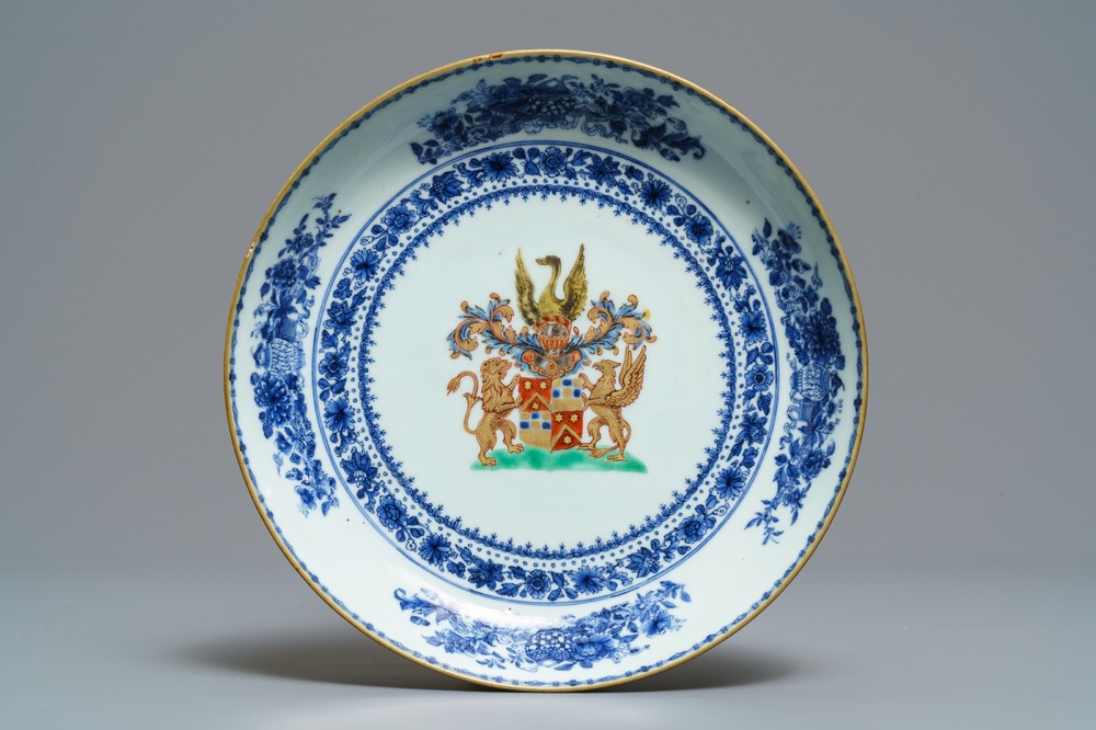 A Chinese blue, white and polychrome armorial plate for the Dutch market, Qianlong