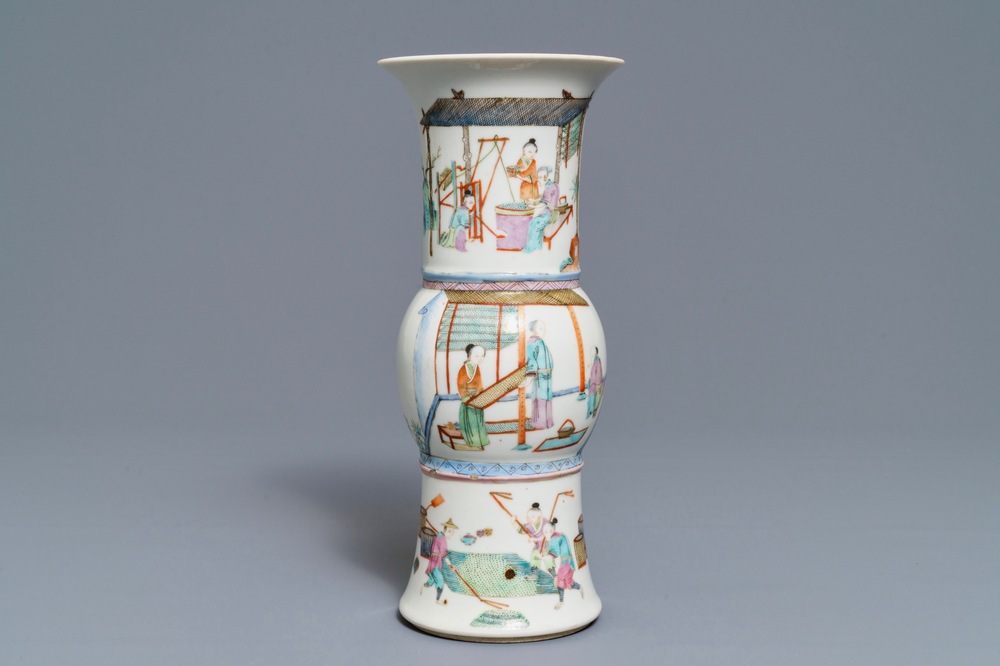 A Chinese famille rose 'rice production' vase, Kangxi mark, 19th C.
