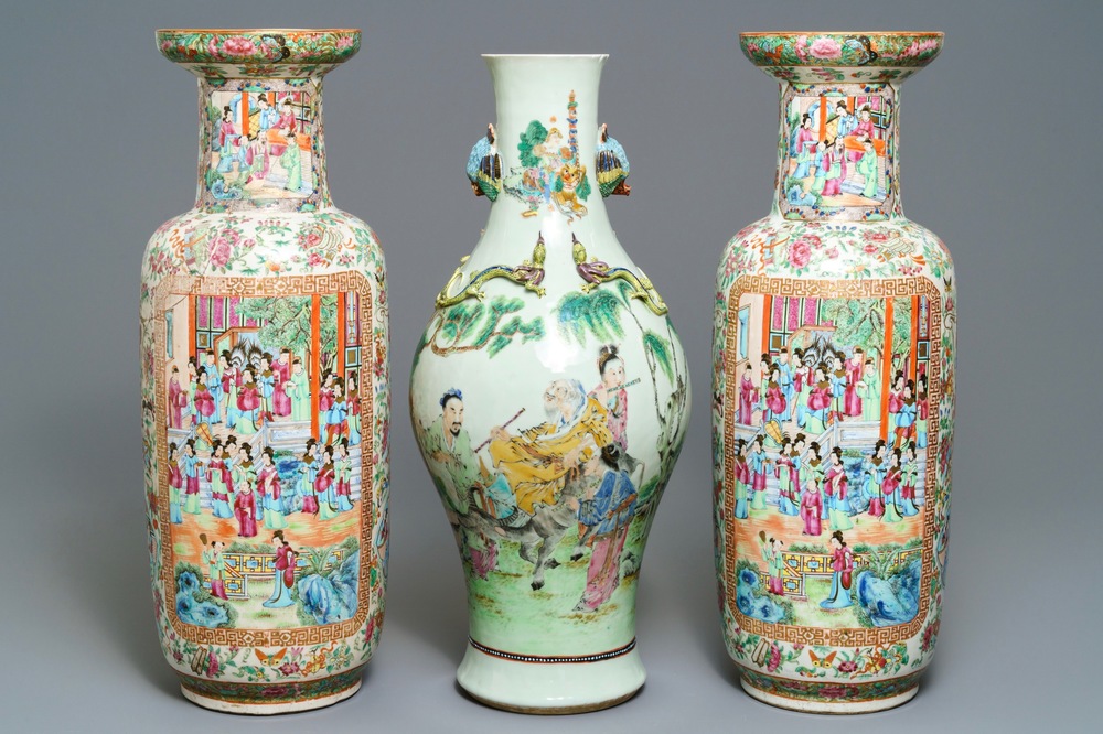Drie Chinese Canton famille rose vazen, 19e eeuw