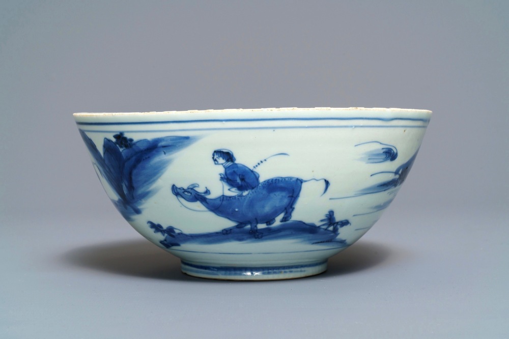 A Chinese blue and white bowl with figures on bulls, Chenghua mark, Transitional period