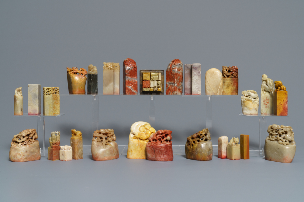 A collection of 38 Chinese soapstone calligraphy or artist's seals, 19/20th C.