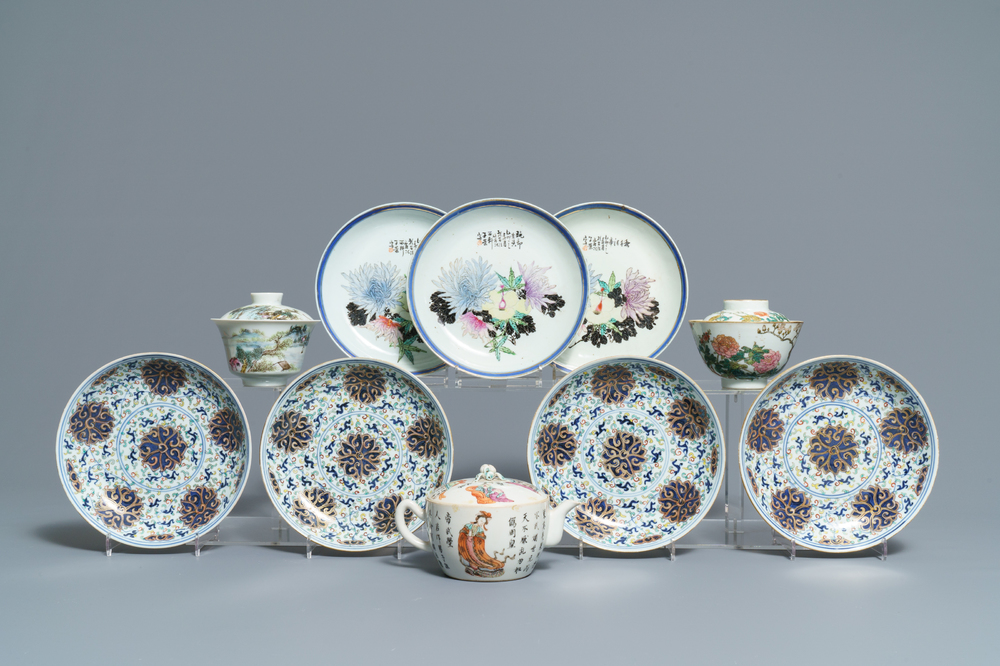 Seven Chinese famille rose and doucai plates, two covered bowls and a 'Wu Shuang Pu' teapot, 19/20th C.