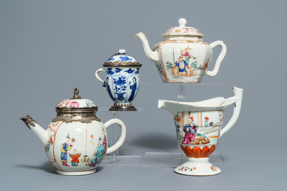 Four Chinese famille rose and blue and white jugs and teapots, Kangxi/Qianlong