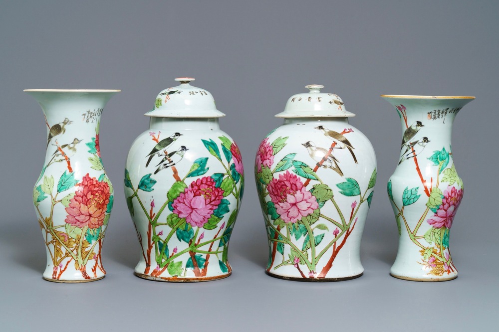 Four Chinese qianjiang cai vases with birds and flowers, 19/20th C.