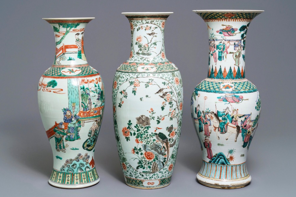 Three Chinese famille rose and verte vases, 19/20th C.