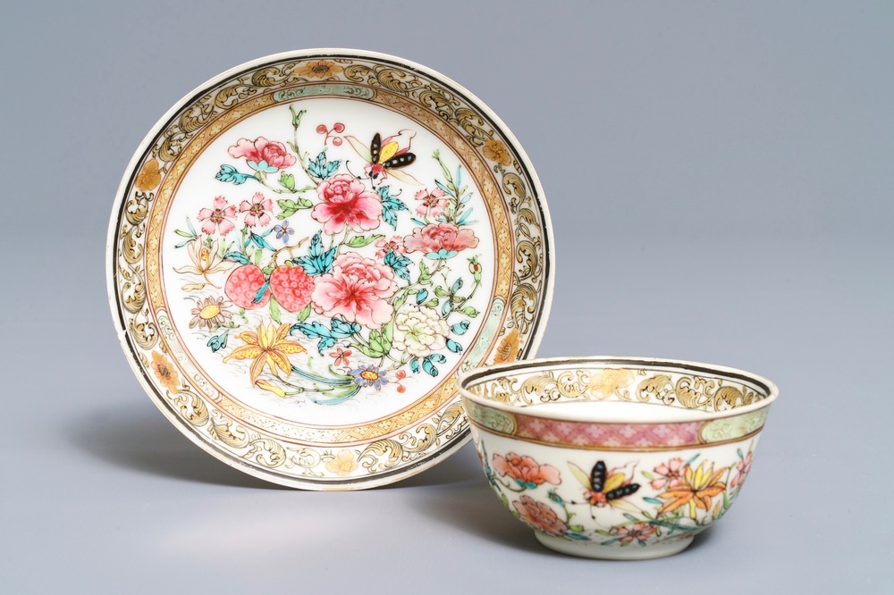 A fine Chinese famille rose cup and saucer with floral design, Yongzheng