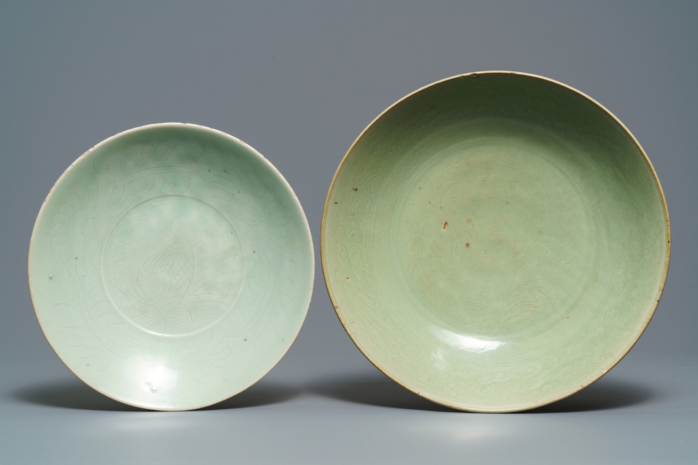 Two Chinese Swatow celadon dishes with underglaze design, Ming