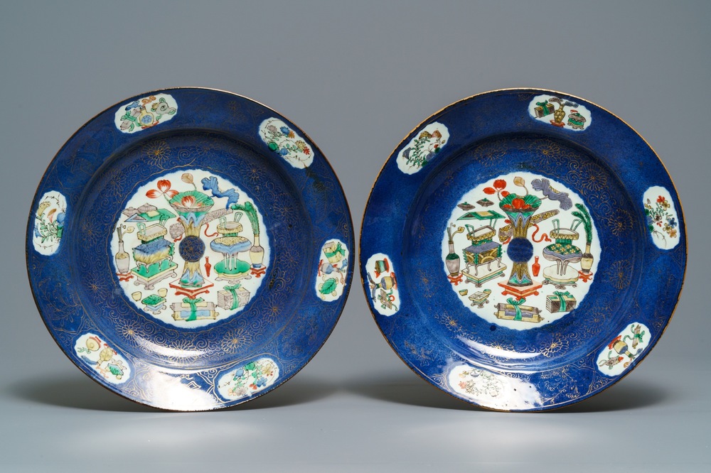 A pair of large Chinese famille verte powder blue-ground dishes, ex-coll. August the Strong, Kangxi