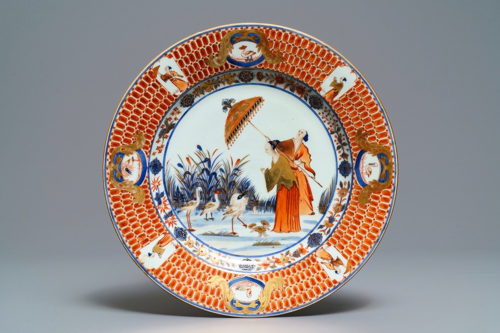 A Chinese Imari-style dish after Cornelis Pronk: &ldquo;Dames au Parasol", Qianlong, ca. 1736-1738