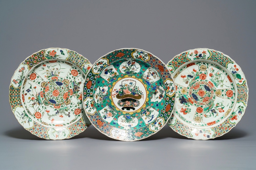 Three Chinese famille verte dishes with floral designs, Kangxi