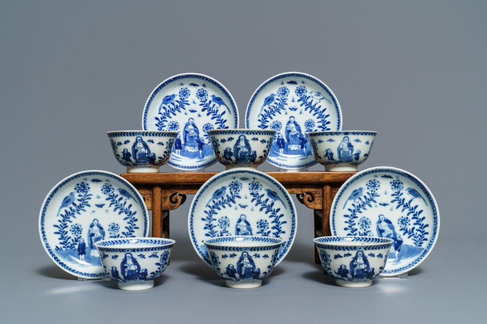 Six Chinese blue and white 'mother and child' cups and five saucers, Kangxi