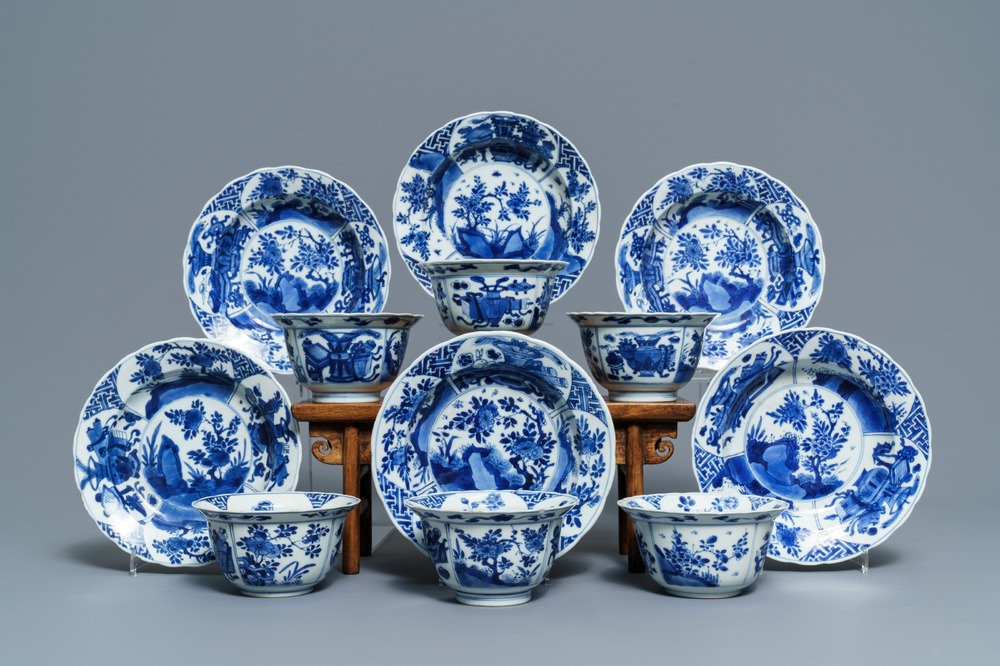 Six Chinese blue and white bowls on stands, Kangxi