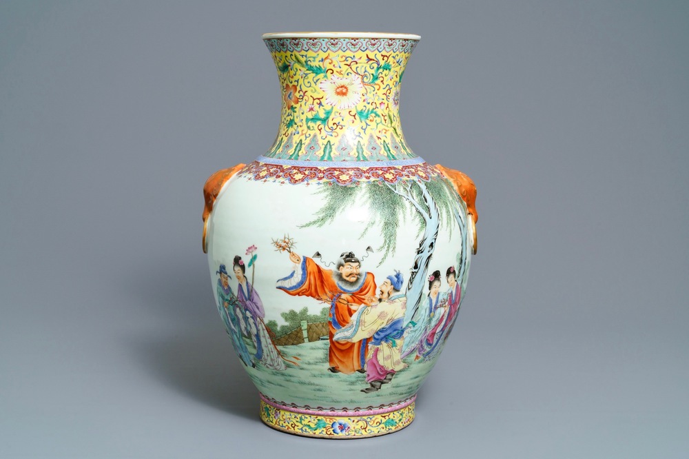 A large Chinese famille rose vase with figures in a landscape, Qianlong mark, 20th C.