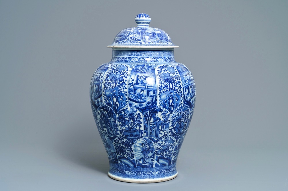 A large Chinese blue and white vase and cover, Kangxi