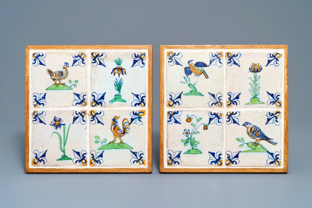Huit carreaux en fa&iuml;ence de Delft polychrome &agrave; d&eacute;cor d'oiseaux et de fleurs, Gouda, 17&egrave;me