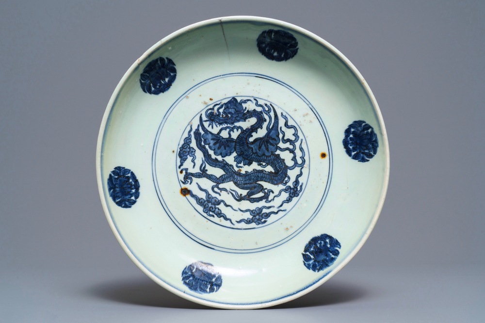 A Chinese blue and white 'winged dragon' dish, Jiajing mark and period