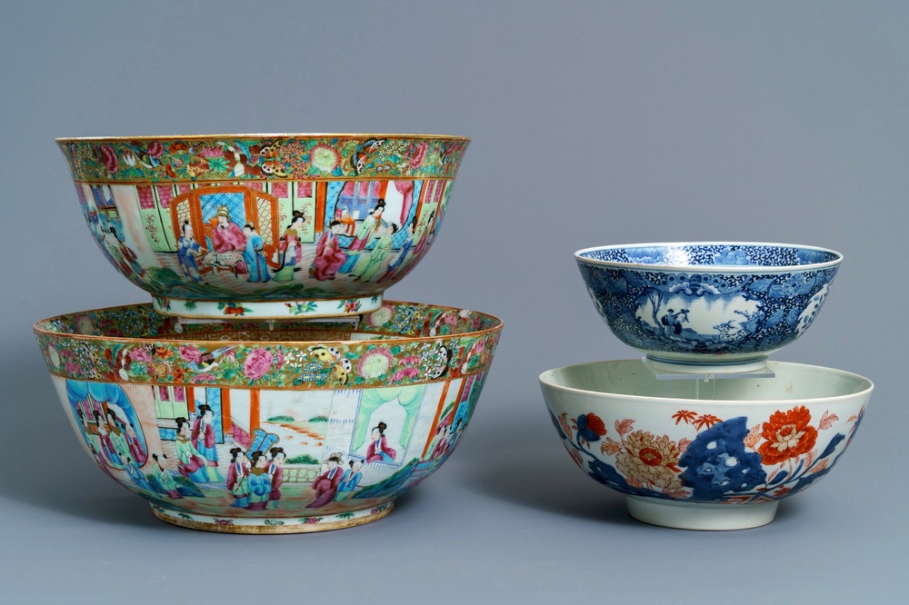 Four Chinese Canton famille rose, Imari-style and blue and white bowls, 18/19th C.