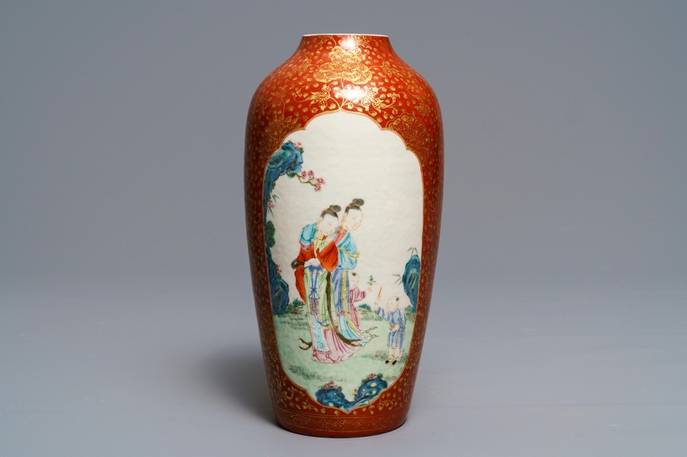 A Chinese famille rose gilt coral-ground eggshell vase, Yongzheng