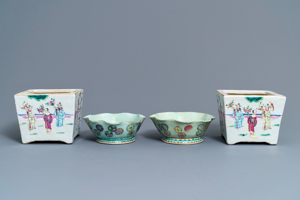 A pair of Chinese famille rose jardini&egrave;res and two celadon bowls, 19th C.