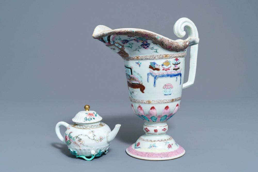 A Chinese famille rose helmet-shaped jug and a relief-decorated teapot, Yongzheng