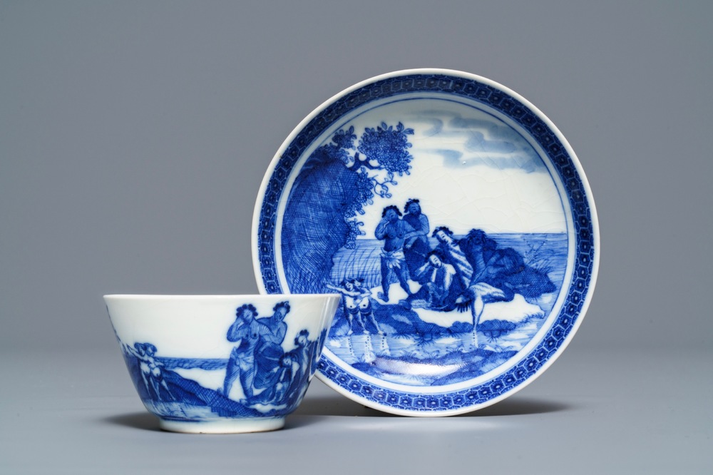 A Chinese blue and white 'soft paste' cup and saucer with an unusual scene with slaves, Qianlong