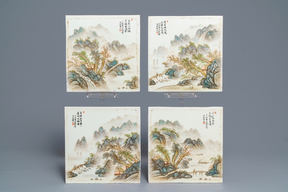 Four square Chinese qianjiang cai landscape plaques, 20th C.