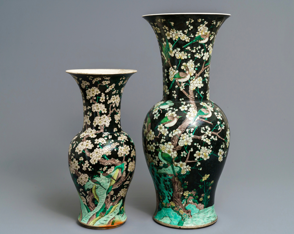 Two tall Chinese famille noire yenyen vases, Chenghua and Kangxi mark, 19/20th C.
