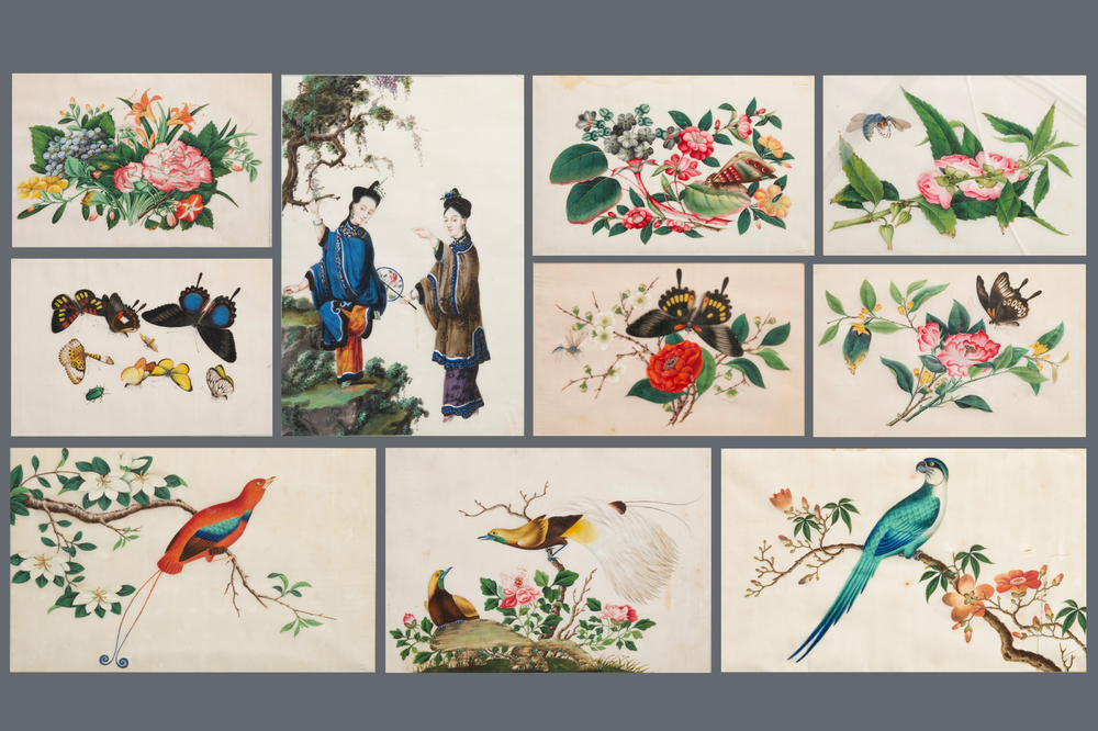 Ten Chinese framed rice paper paintings with mostly butterflies and birds, Canton, 19th C.