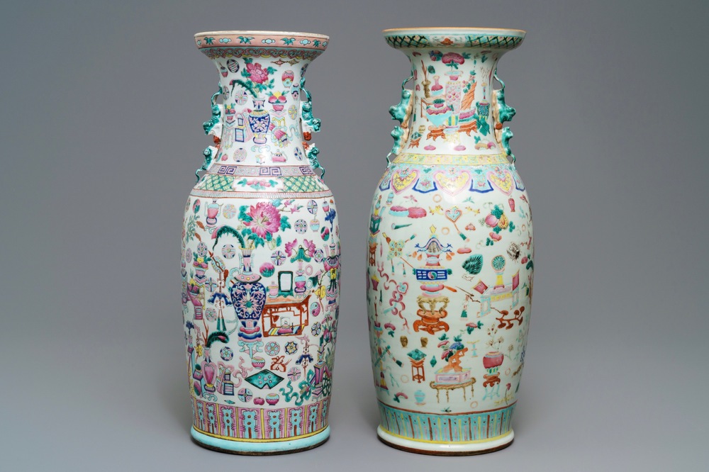 Two Chinese famille rose vases with antiquities design, 19th C.