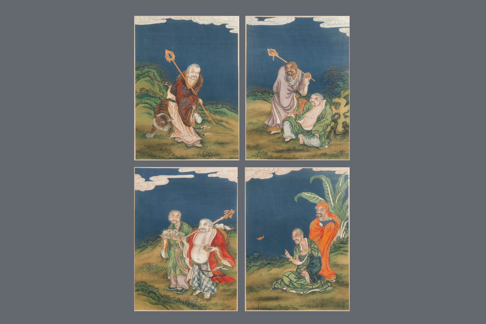 Four Chinese paintings of immortals, ink and color on paper, 19th C.