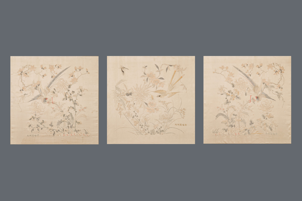 Three Chinese square embroidered silk panels, 19th C.