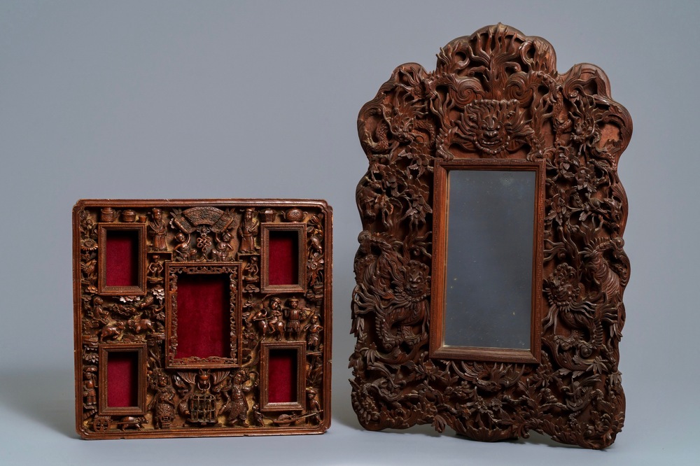 Two Chinese carved wood frames with dragons and figures, ca. 1900