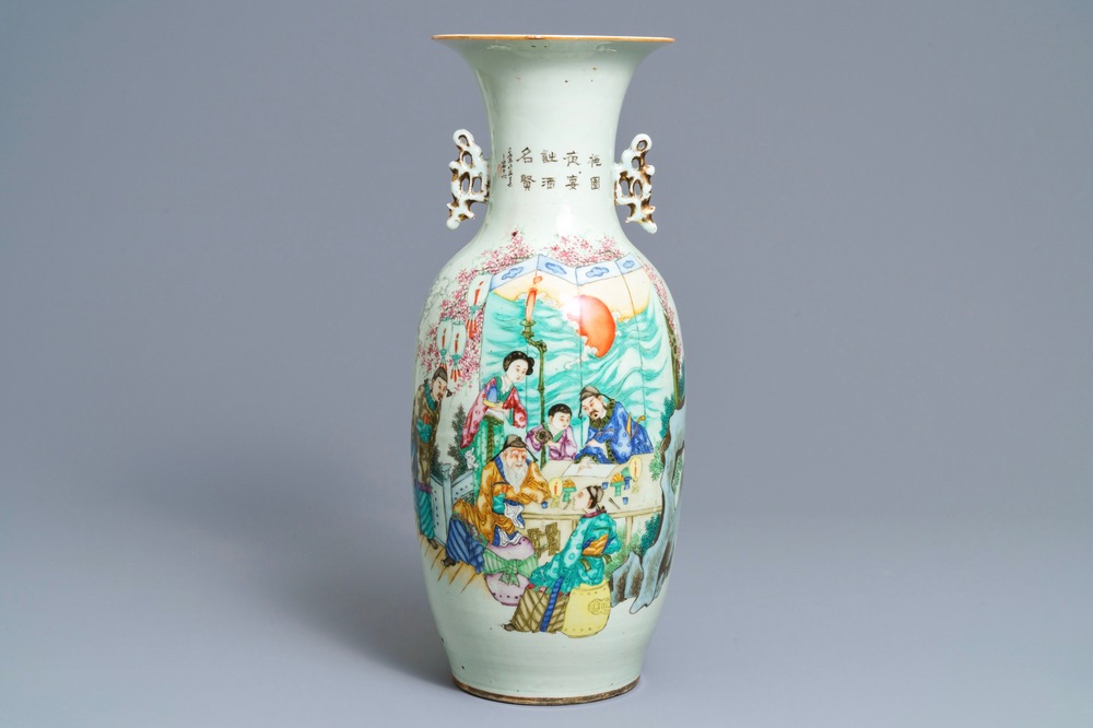 A Chinese famille rose two-sided design vase, 19/20th C.